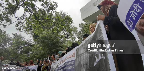 Muslim people protest against Triple Talaq Bill outside Collector office, on August 2, 2019 in Pune, India. The Muslim Women Bill prescribing up to...