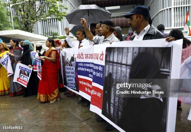 Muslim people protest against Triple Talaq Bill outside Collector office, on August 2, 2019 in Pune, India. The Muslim Women Bill prescribing up to...