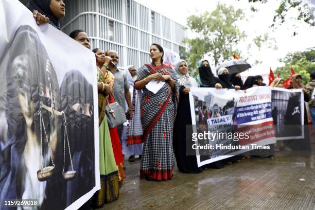 Muslim people protest against Triple Talaq Bill outside Collector office, on August 2, 2019 in Pune, India. The Muslim Women Bill prescribing up to...