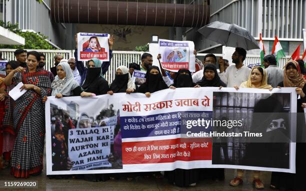 Muslim people protest against Triple Talaq Bill outside Collector office, on August 2, 2019 in Pune, India. The Muslim Women Bill prescribing up to...