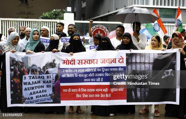 Muslim people protest against Triple Talaq Bill outside Collector office, on August 2, 2019 in Pune, India. The Muslim Women Bill prescribing up to...