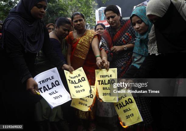 Muslim people protest against Triple Talaq Bill outside Collector office, on August 2, 2019 in Pune, India. The Muslim Women Bill prescribing up to...