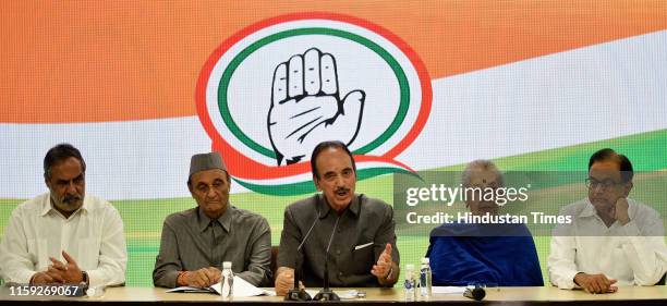 Congress leaders Anand Sharma, Karan Singh, Ghulam Nabi Azad, Ambika Soni and P. Chidambaram during a press conference at AICC office, on August 3,...