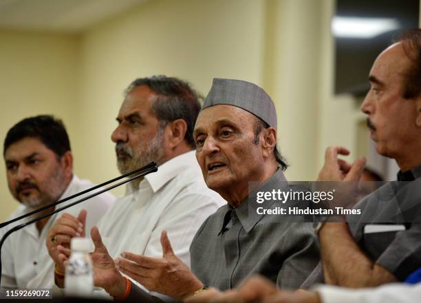 Congress leaders Karan Singh, Ghulam Nabi Azad and Anand Sharma during a press conference at AICC office, on August 3, 2019 in New Delhi, India....