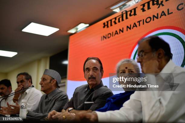 Congress leaders Anand Sharma, Karan Singh, Ghulam Nabi Azad, Ambika Soni and P. Chidambaram during a press conference at AICC office, on August 3,...