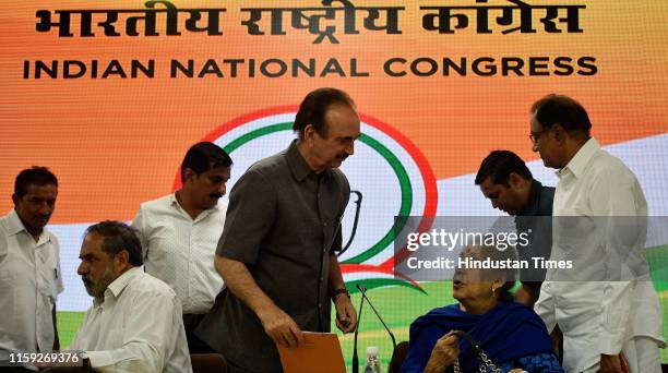 Congress leaders Anand Sharma, Ghulam Nabi Azad, Ambika Soni and P. Chidambaram leave after a press conference at AICC office, on August 3, 2019 in...