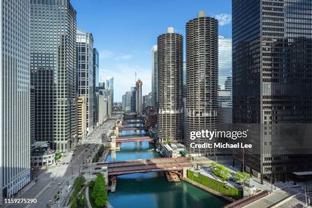 high angle view of chicago river - illinois aerial stock pictures, royalty-free photos & images