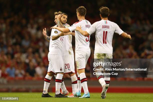 Suso of AC Milan celebrates scoring a goal to make it 1-1 during the 2019 International Champions Cup match between Manchester United and AC Milan at...