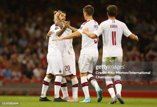 Suso of AC Milan celebrates scoring a goal to make it 1-1 during the 2019 International Champions Cup match between Manchester United and AC Milan at...