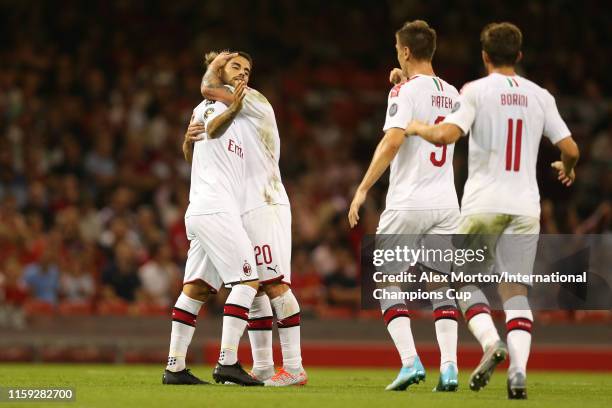 Suso of AC Milan celebrates scoring a goal to make it 1-1 during the 2019 International Champions Cup match between Manchester United and AC Milan at...