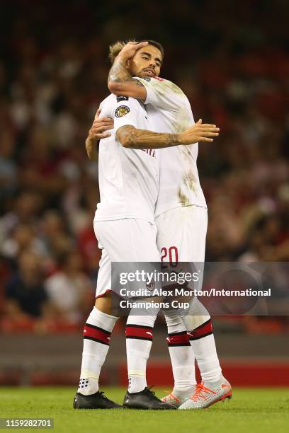 Suso of AC Milan celebrates scoring a goal to make it 1-1 during the 2019 International Champions Cup match between Manchester United and AC Milan at...