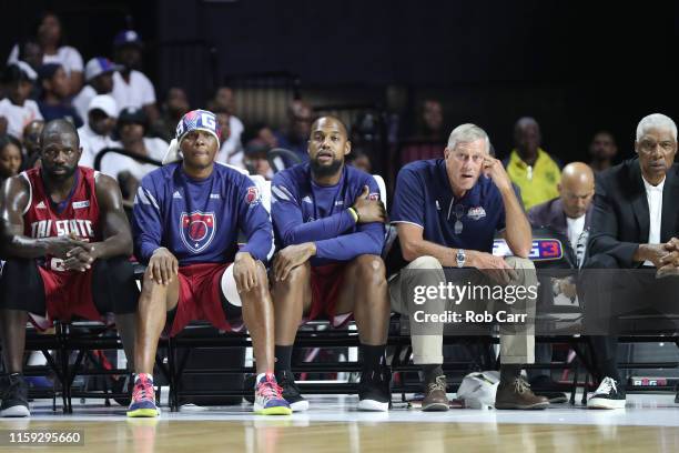 The Tri State bench looks on as they play against the Power during week two of the BIG3 three on three basketball league at at the Liacouras Center...