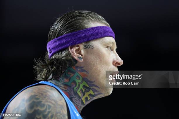 Chris Andersen of the Power looks on as they play against the Tri State during week two of the BIG3 three on three basketball league at at the...