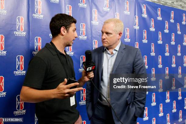 Brendan Donohue, Managing Director of the NBA 2K League, speaks to the media before Game One of the NBA 2K League Finals between T-Wolves Gaming and...