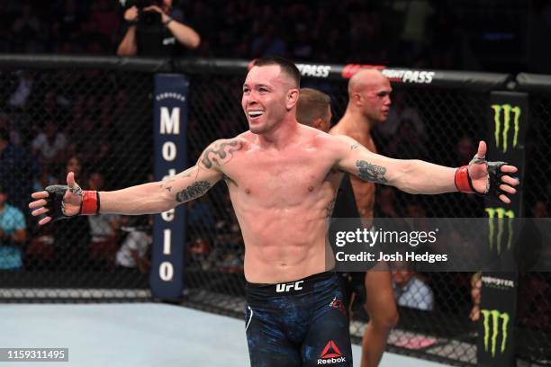 Colby Covington reacts after the conclusion of his welterweight bout against Robbie Lawler during the UFC Fight Night event at the Prudential Center...