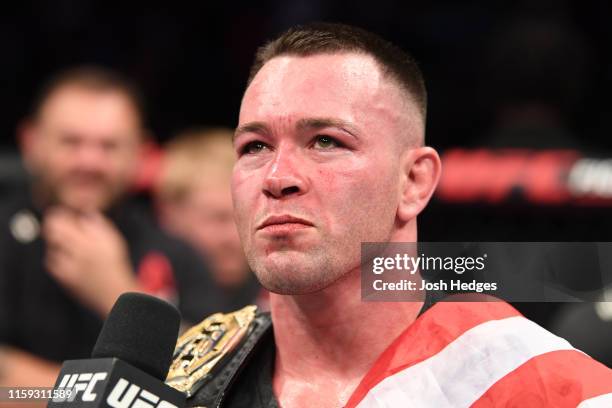 Colby Covington is interviewed after his victory over Robbie Lawler in their welterweight bout during the UFC Fight Night event at the Prudential...