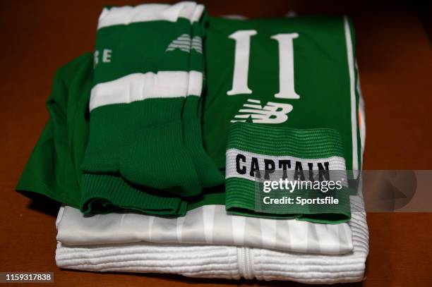 August 2019; The shorts and socks of Republic of Ireland captain Katie McCabe in their dressing room prior to the Women's International Friendly...