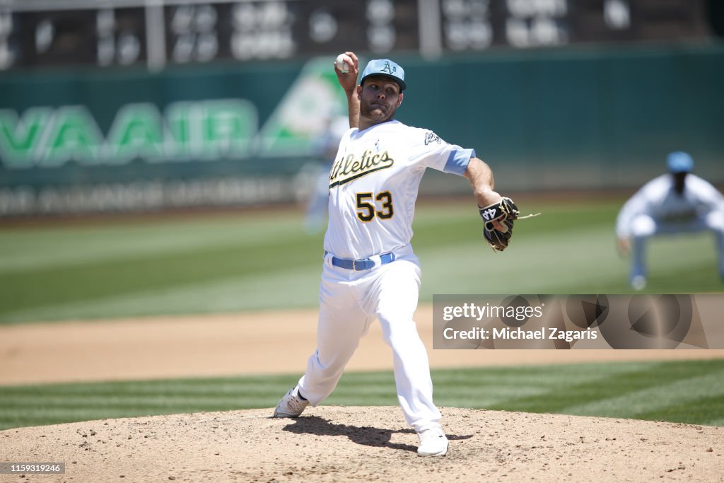 Tanner Reed Anderson Tanner Anderson of the Oakland Athletics pitches during the game ...