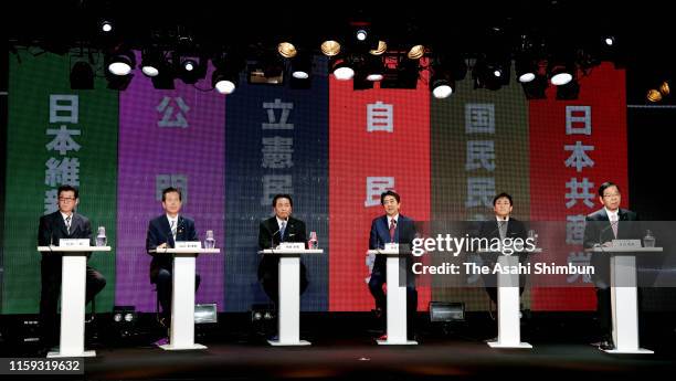 Party leaders Ichiro Matsui of the Nippon Ishin no Kai, Natsuo Yamaguchi of the Komeito, Yukio Edano of the Constitutional Democratic Party, Prime...