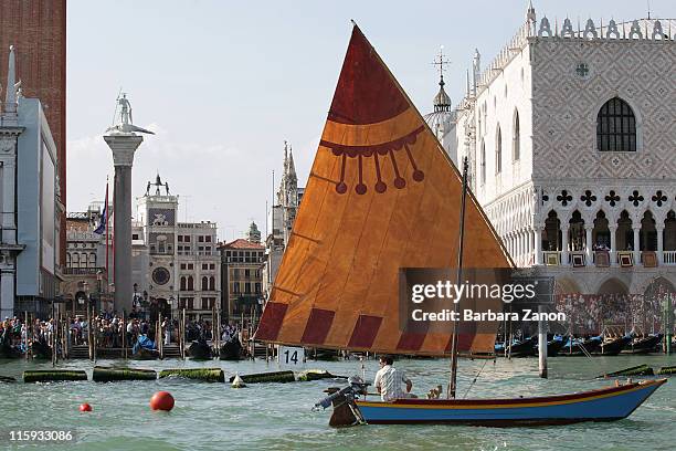 Vela al Terzo boats sail in front of Saint Mark before the Regatta of Ancient Maritime Republics on June 12, 2011 in Venice, Italy. The Regatta of...