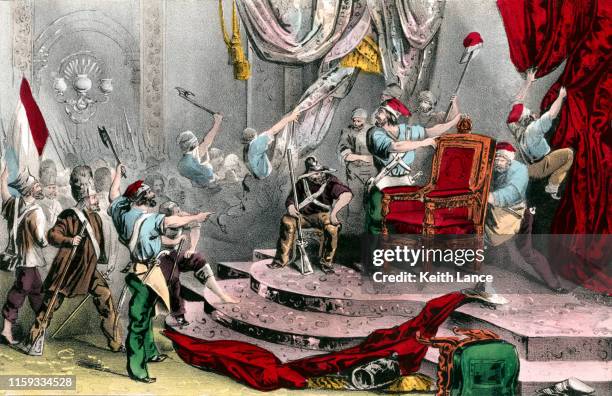 ilustrações de stock, clip art, desenhos animados e ícones de destroying the tuileries palace throne room during the french revolution of 1848 - pessoas paris