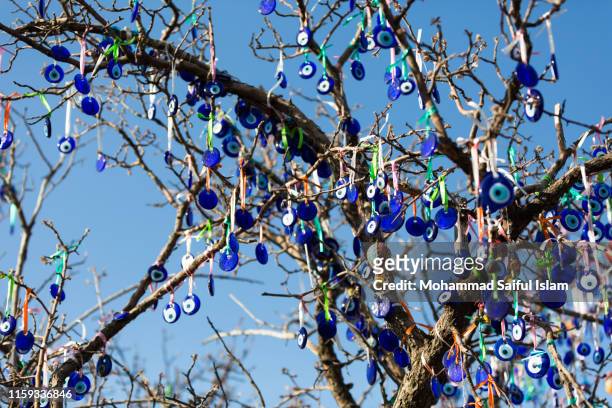 evil eye hanging on the tree in cappadocia - blue eyed soul stock pictures, royalty-free photos & images