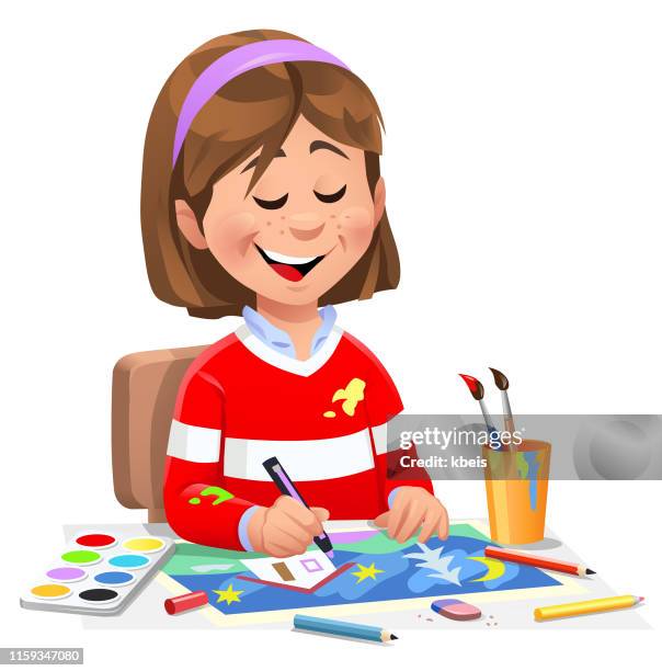 ilustrações, clipart, desenhos animados e ícones de menina que pinta um retrato - desenhar atividade