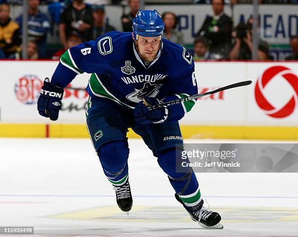 Sami Salo of the Vancouver Canucks skates up ice during Game Five of the 2011 NHL Stanley Cup Finals against the Boston Bruins at Rogers Arena on...