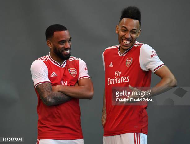 Pierre-Emerick Aubameyang and Alexandre Lacazette of Arsenal behind the scenes at the Arsenal Adidas 2019-20 Home Kit photoshoot at London Colney on...