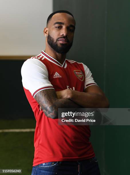 Alexandre Lacazette of Arsenal behind the scenes at the Arsenal Adidas 2019-20 Home Kit photoshoot at London Colney on March 12, 2019 in St Albans,...