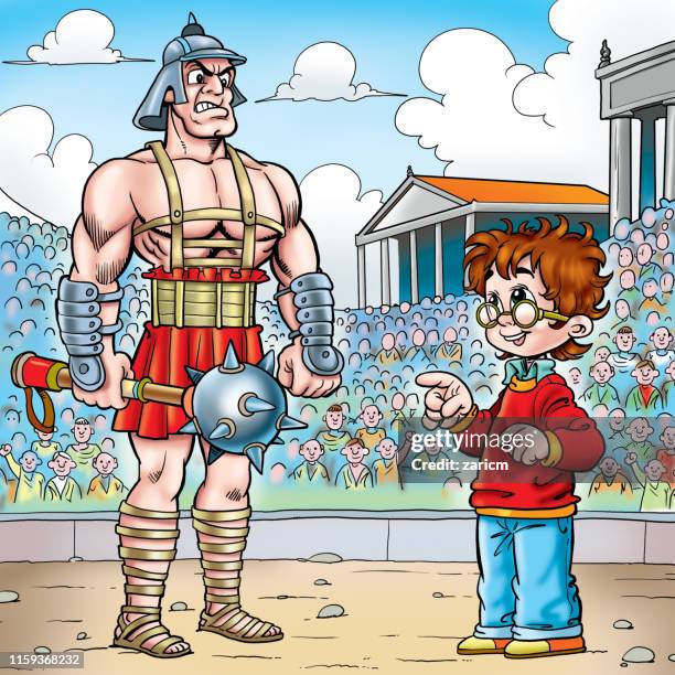illustration of a boy and gladiator - roman soldier cartoon stock illustrations