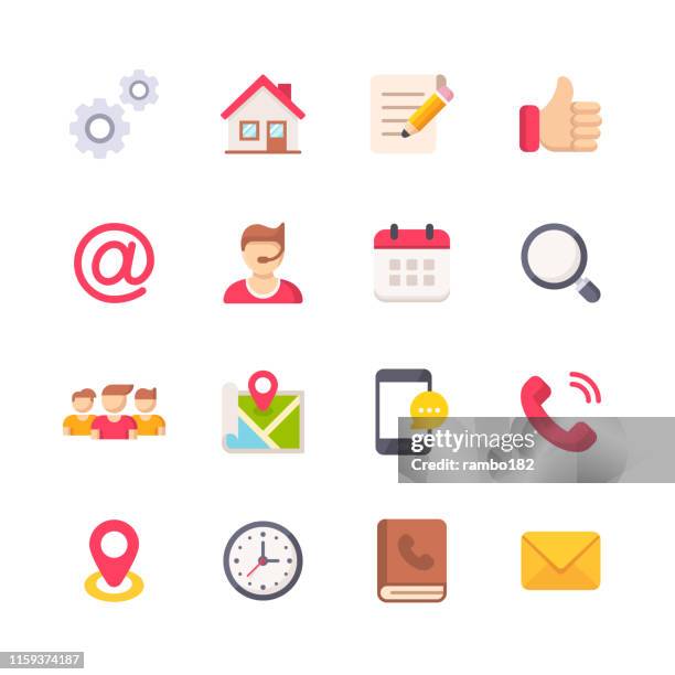 contact us flat icons. material design icons. pixel perfect. for mobile and web. contains such icons as support, home, agreement, text messaging, scheduling, telephone, smartphone, address book. - contact us stock illustrations