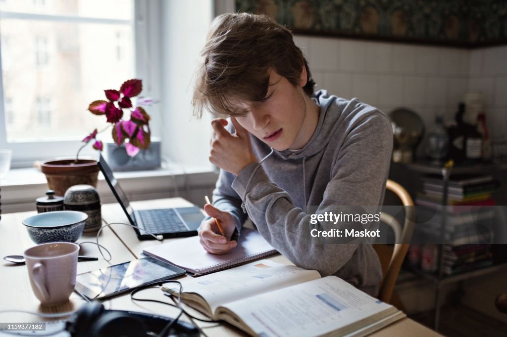 Serious teenage boy reading book while doing homework at home