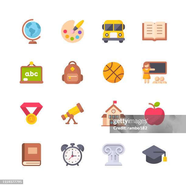 education flat icons. material design icons. pixel perfect. for mobile and web. contains such icons as painting, school bus, teaching, sport, book, school building, elementary education. - student flat stock illustrations