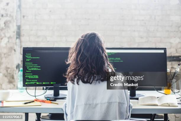 rear view of female computer hacker coding at desk in creative office - programmer 個照片及圖片檔