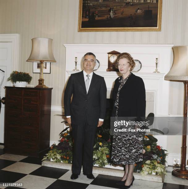 British Prime Minister Margaret Thatcher greets Miguel de la Madrid , the President of Mexico, at 10 Downing Street in London, 12th June 1985.