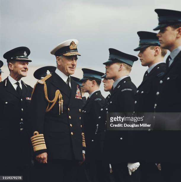 Lord Louis Mountbatten reviews cadets at the Metropolitan Police College in London, UK, 2nd April 1969.