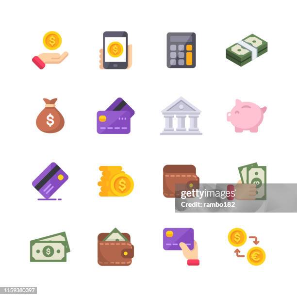 ilustraciones, imágenes clip art, dibujos animados e iconos de stock de money flat icons. iconos de diseño de materiales. píxel perfecto. para móviles y web. contiene iconos tales como dinero isométrico, billete de dólar, tarjeta de crédito, banca, cartera, monedas, bolsa de dinero, cambio de divisas. - credit card