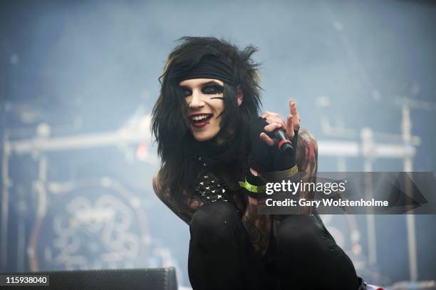 Andy Biersack of Black Veil Brides performs on stage during the third and final day of Download Festival at Donnington Park on June 12, 2011 in...