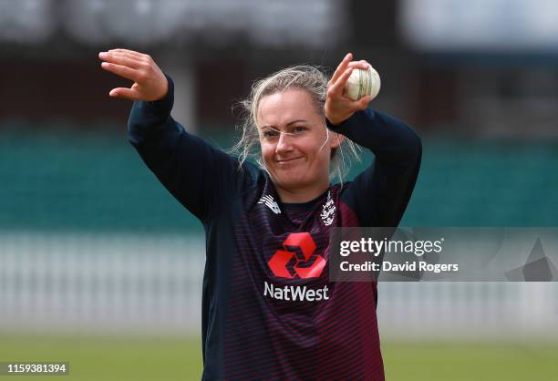 Laura Marsh looks on during the England nets practice at Fischer County Ground on July 01, 2019 in Leicester, England.