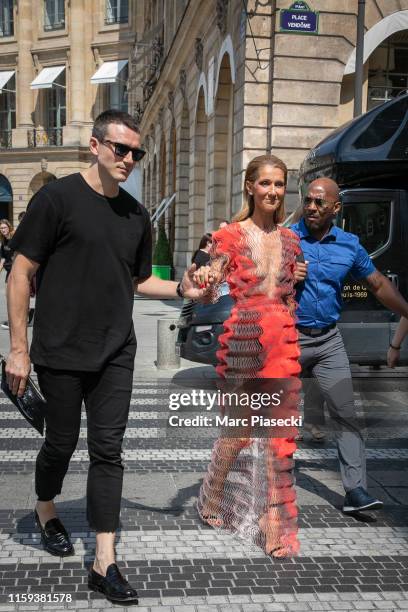 Singer Celine Dion and Pepe Munoz are seen on Place Vendome on July 01, 2019 in Paris, France.