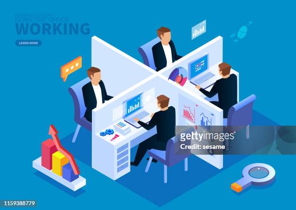 isometric office team work - office stock illustrations