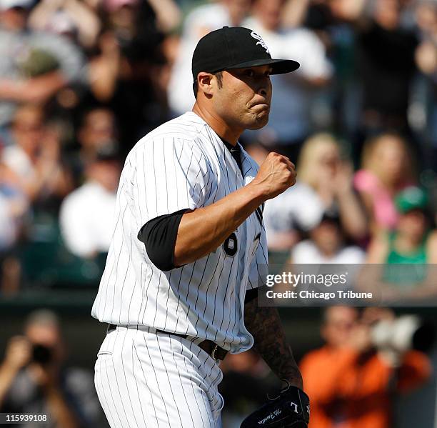Chicago White Sox relief pitcher Sergio Santos reacts after the last out against the Oakland Athletics at U.S. Cellular Field in Chicago, Illinois,...