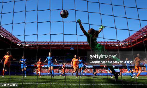 Vivianne Miedema of the Netherlands scores her team's first goal during the 2019 FIFA Women's World Cup France Quarter Final match between Italy and...