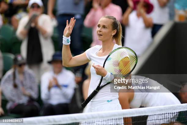 Magdalena Rybarikova of Slovakia celebrates match point in her Ladies' Singles first round match against Aryna Sabalenka of Belarus during Day one of...