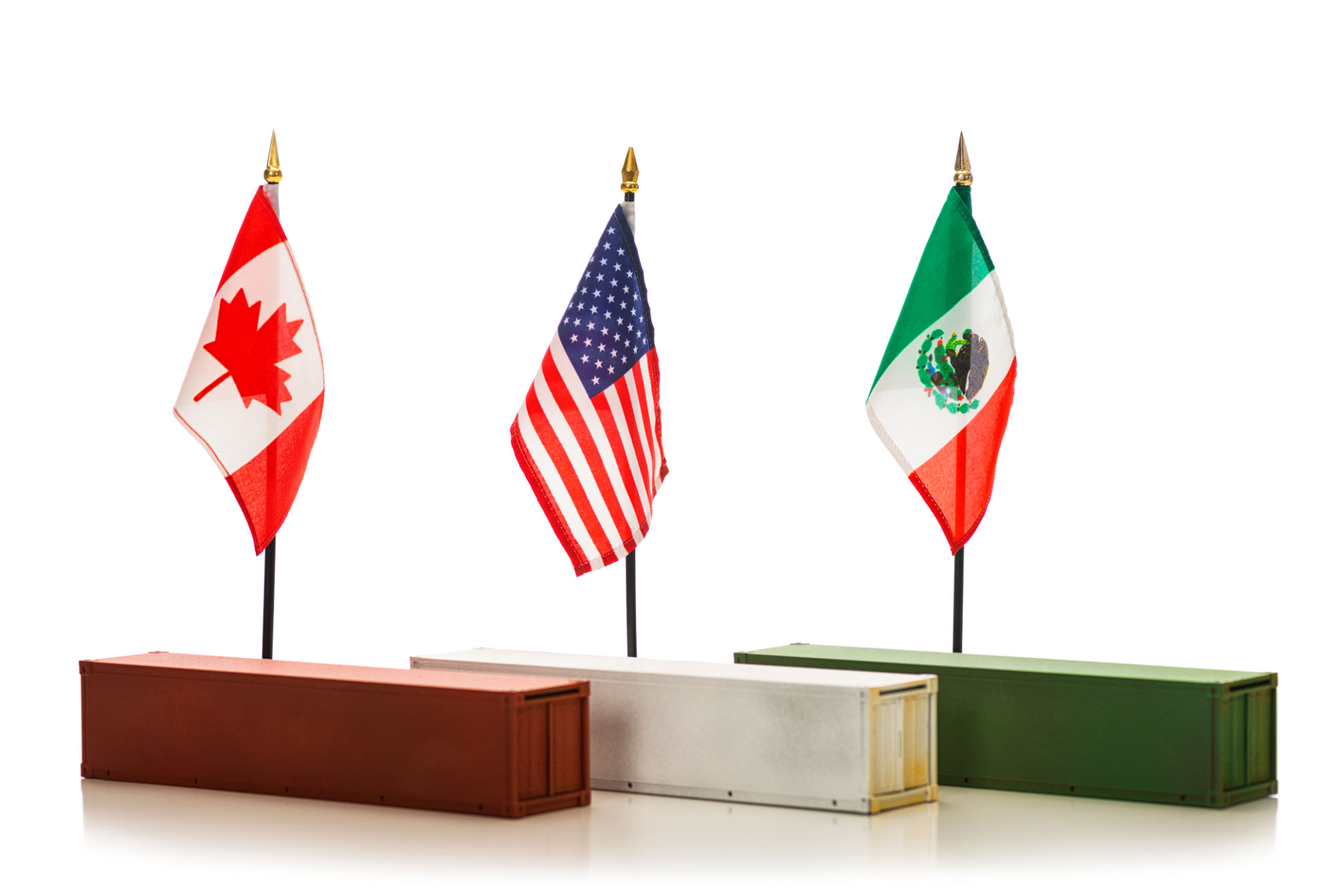 Canadian, America and Mexico flags with shipping containers - Concept trade Canadian, America and Mexico flags with shipping containers - Concept trade