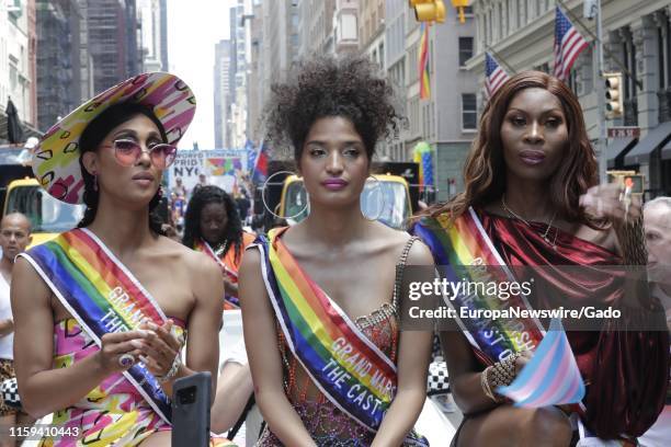 Actresses MJ Rodriguez, Indya Moore and Dominique Jackson celebrate during the 2019 Pride Parade in New York City, New York, June 30, 2019.