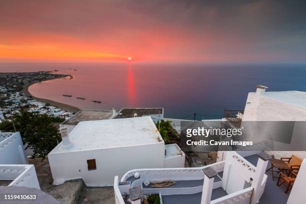 view of molos village from chora, skyros island, greece. - skyros stockfoto's en -beelden