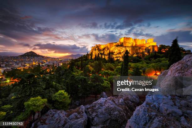 acropolis and view of athens from areopagus hill, greece. - agora stock pictures, royalty-free photos & images