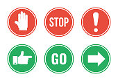 red stop and green go round road signs set